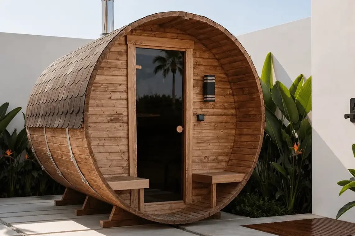 Sauna de barril de madera sobre camino de piedra volcánica al atardecer