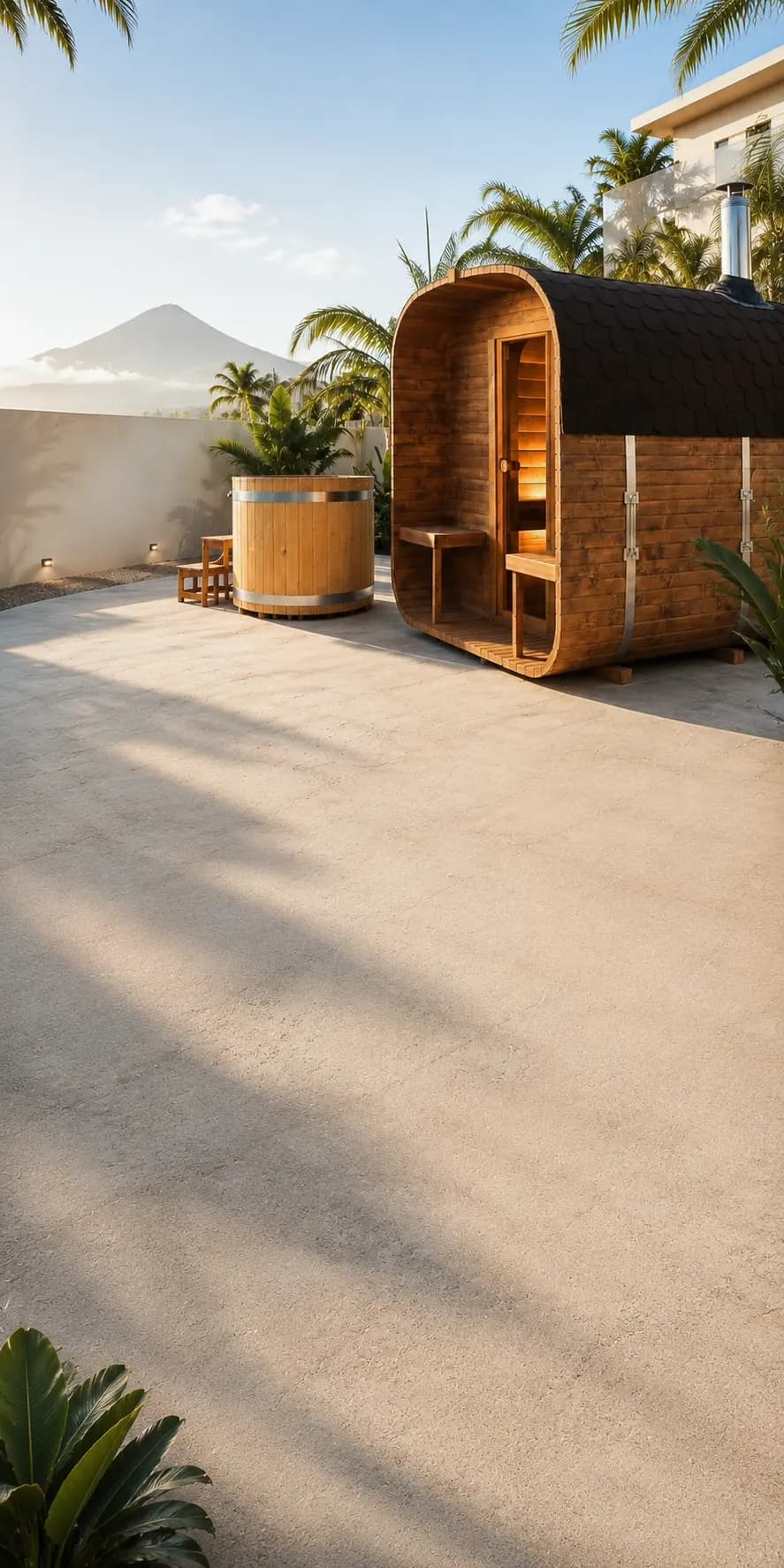 Sauna de barril exterior sobre terraza de piedra volcánica con el Teide al fondo