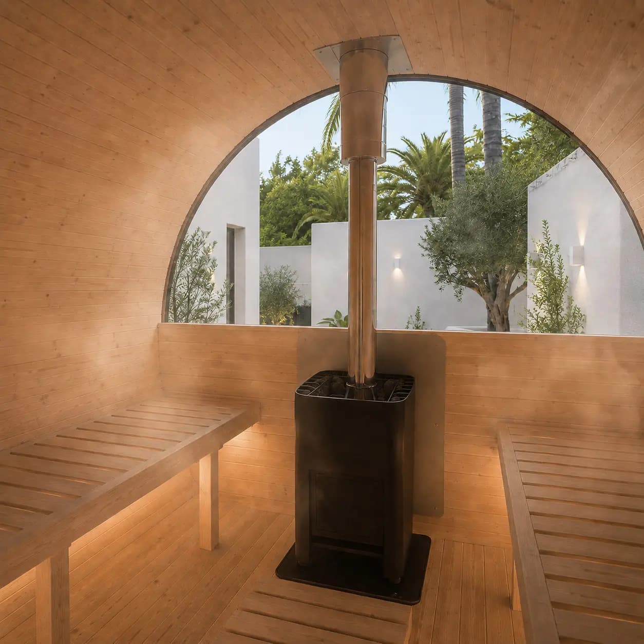 Detalle de los bancos de madera y la estufa en el interior de una sauna