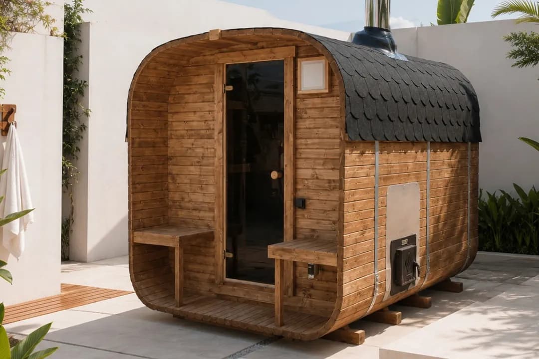 Sauna Quadro de madera clara sobre terraza de hormigón